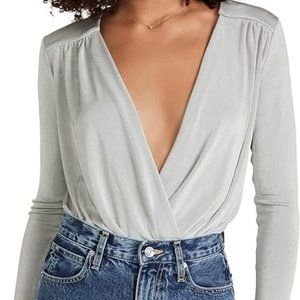 Free People Turnt Bodysuit Draped Neck Deep V Cut Long Sleeve Silver Oxide